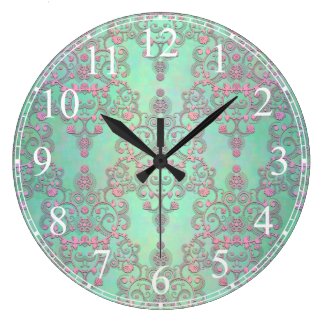 Pink over Mint Green Floral Lace Damask Large Clock