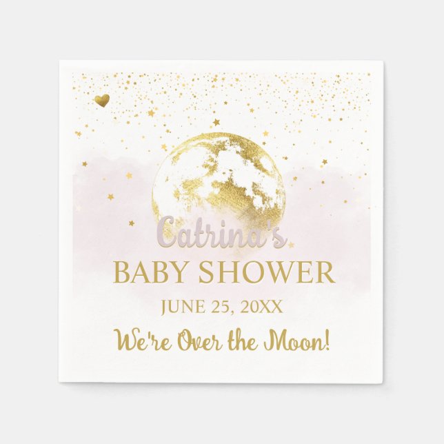 Pink Over the Moon and Stars Celestial Baby Shower Napkins (Front)