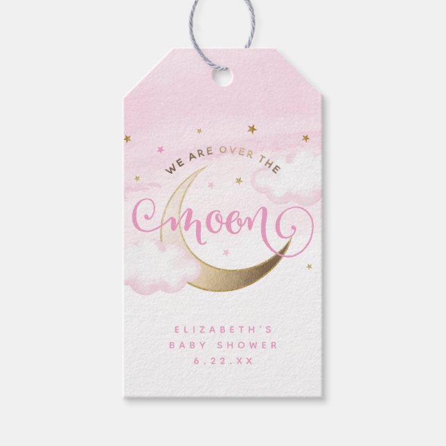 Pink Over the Moon Baby Shower Favor Tags (Front)