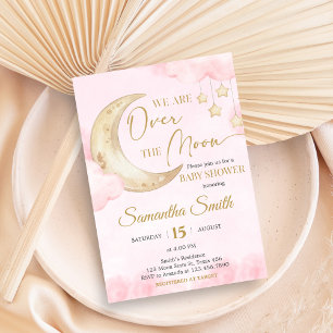 Pink Over the Moon Baby Shower Invitation