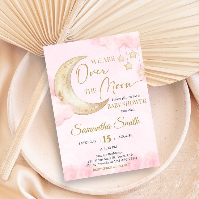 Pink Over the Moon Baby Shower  Invitation (Over the Moon Baby Shower Invitation)