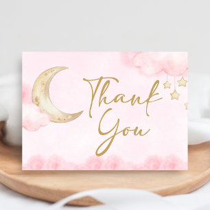 Pink Over the Moon Baby Shower Letterpress Thank You Card