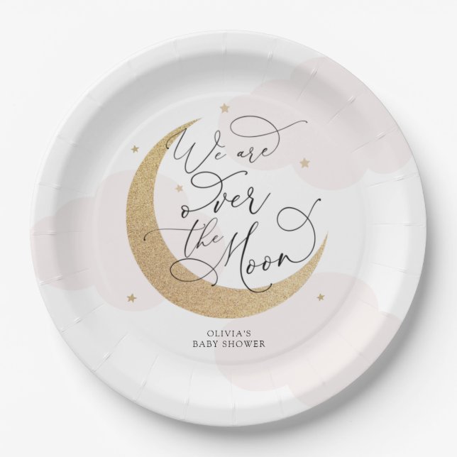 Pink Over the Moon Baby Shower Paper Plates (Front)