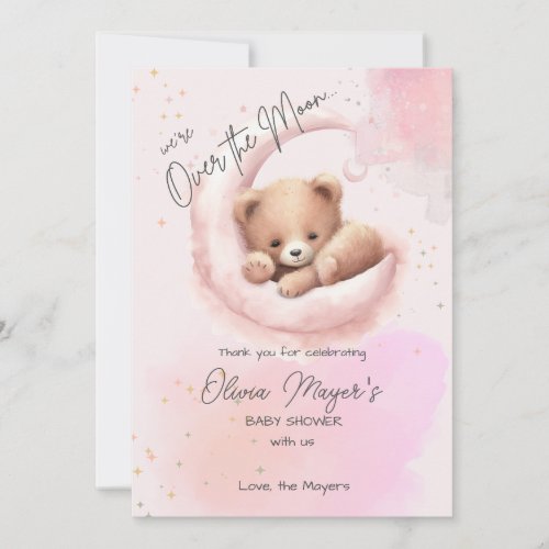 Pink Over the Moon Bear Baby Shower Thank You Card