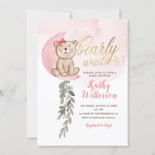 Pink over the moon Bear Girl Baby Shower Invitation