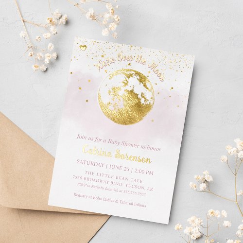 Pink Over the Moon Gold Celestial Girl Baby Shower Foil Invitation