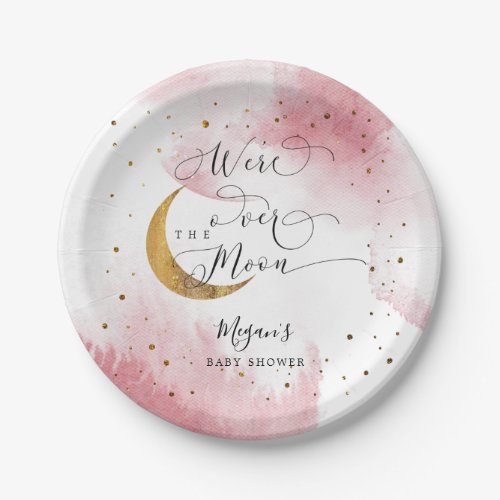 Pink Over the Moon Gold Stars Baby Shower Paper Plates