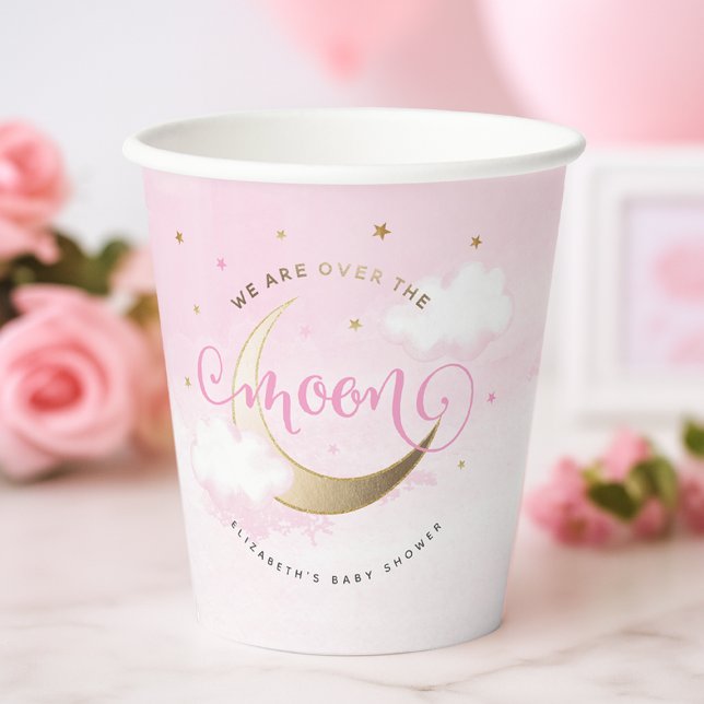 Pink Over the Moon Paper Cups (Pink Over the Moon Baby Shower Paper Cups
#OverTheMoon)