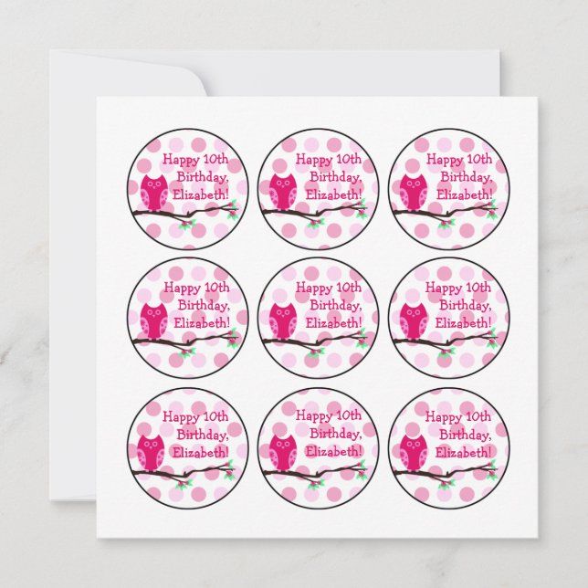 Pink Owl 10th Birthday Cupcake Toppers Invitation (Front)