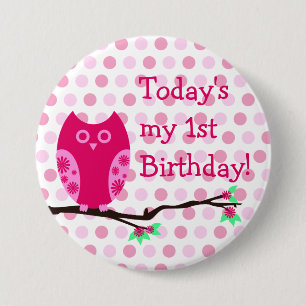 Pink Owl 1st Birthday Button