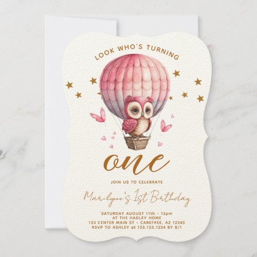 Pink Owl 1st Birthday Invitation