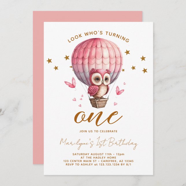 Pink Owl 1st Birthday Invitation (Front/Back)
