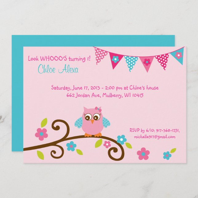 Pink Owl 1st Birthday Invitation (Front/Back)