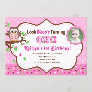 Pink Owl 1st Birthday Invitation 5x7 Photo Card