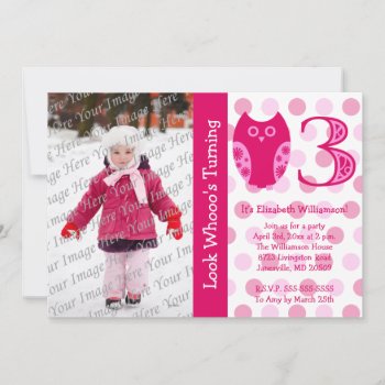 Pink Owl 3rd Birthday Party Photo Invitations by Joyful_Expressions at Zazzle