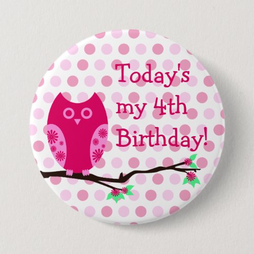 Pink Owl 4th Birthday Button