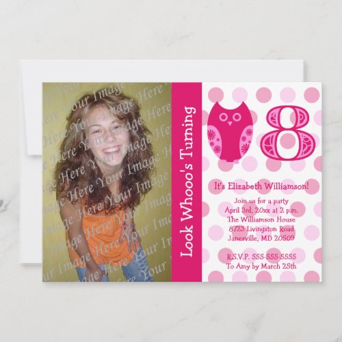 Pink Owl 8th Birthday Party Photo Invitations