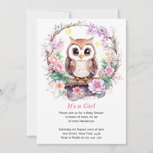 Pink Owl Adventure Baby Girl Shower Invitation