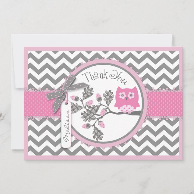 Pink Owl and Chevron Print Thank You Card (Front)