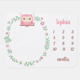 Pink Owl and Floral Wreath, Baby Monthly Milestone Blanket