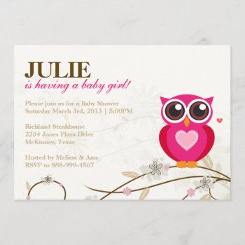 Pink Owl And Flourishes Girl Baby Shower Invite by paper_robot at Zazzle