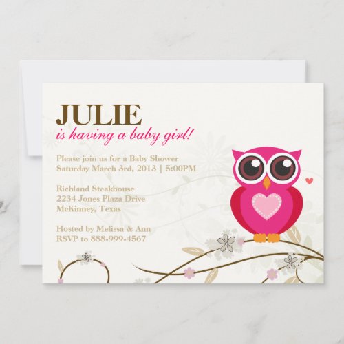 Pink Owl and Flourishes Girl Baby Shower Invite