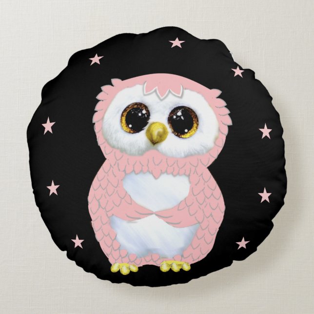 Pink Owl and Stars on Black Round Pillow (Back)