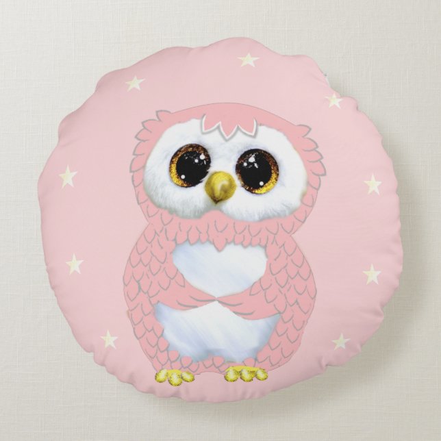 Pink Owl and Stars on Light Pink Round Pillow (Back)