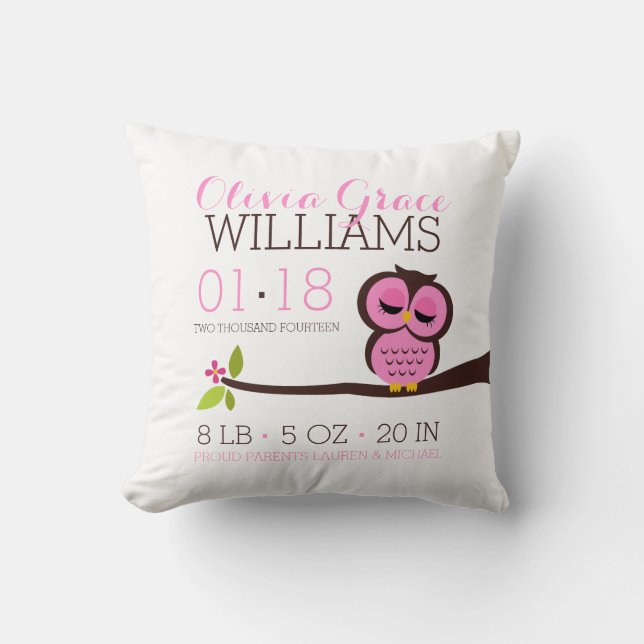Pink Owl Baby Birth Announcement Throw Pillow (Front)