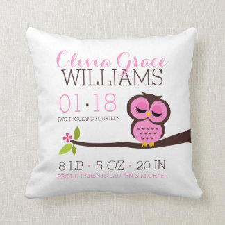 Pink Owl Baby Birth Announcement Throw Pillow