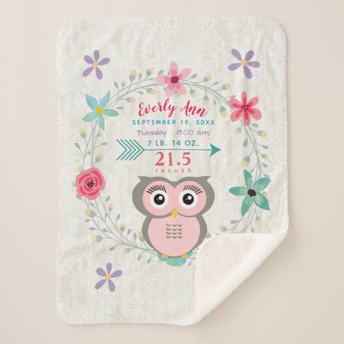 Pink Owl Baby Girl Stats Watercolor Wreath Sherpa Blanket