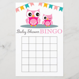Pink Owl baby shower bingo card
