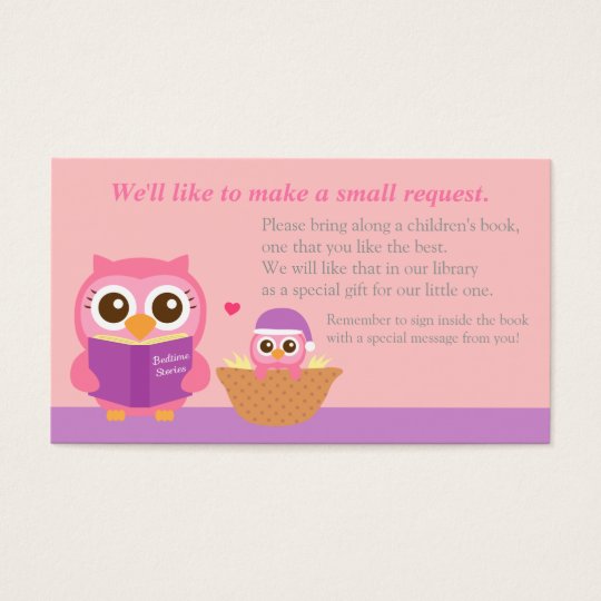Pink Owl Baby Shower Book Insert Request Card