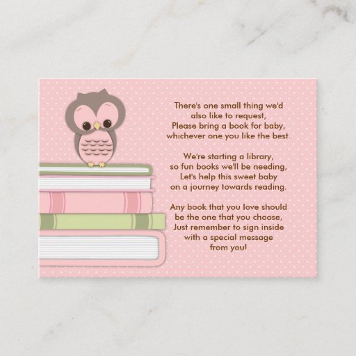 Customizable Pink Owl Baby Shower Book Insert Request Card Business Card Templates