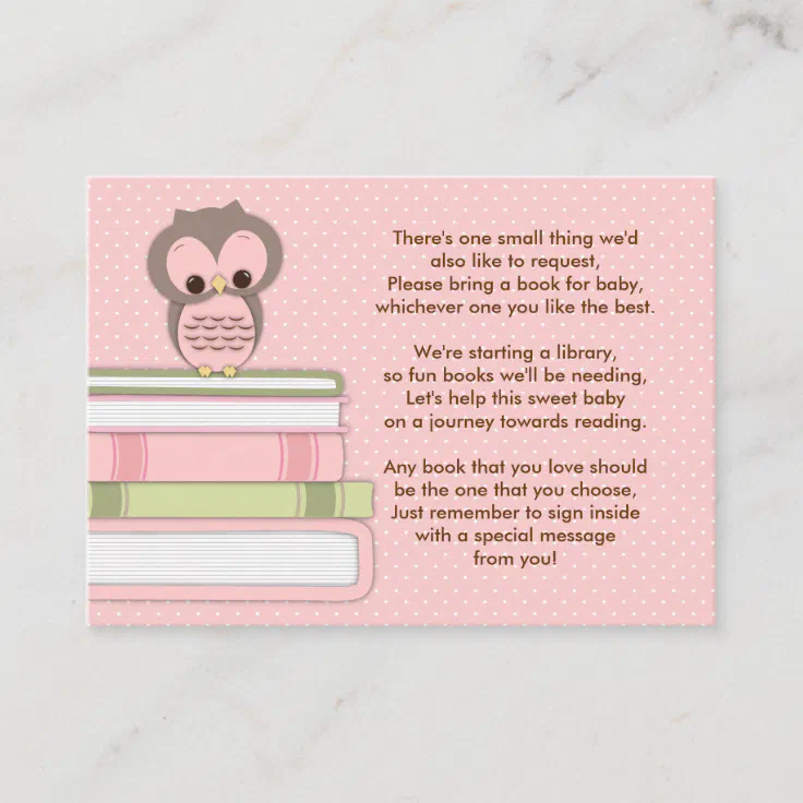 Pink Owl Baby Shower Book Insert Request Card Zazzle