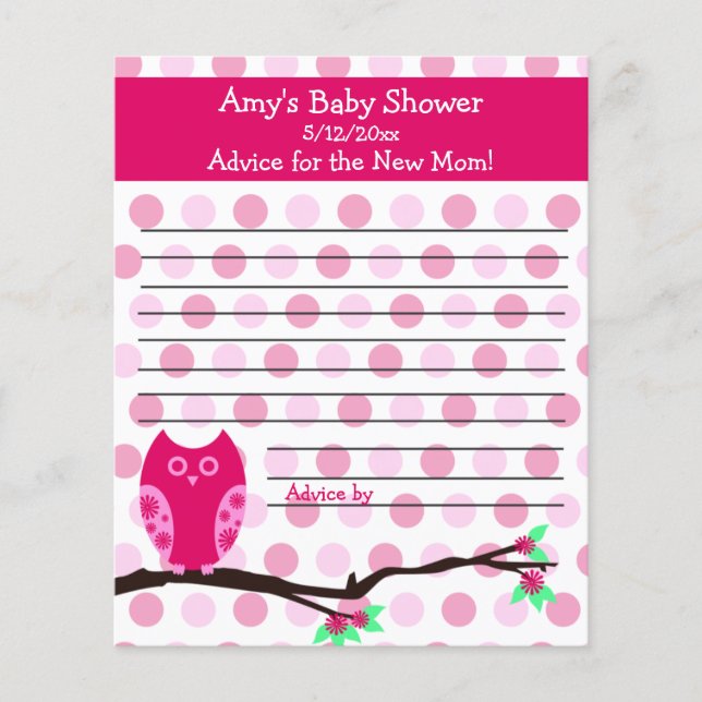 Pink Owl Baby Shower Personalized Advice Cards (Front)
