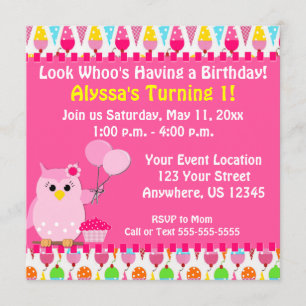 Pink Owl Birthday Invitation