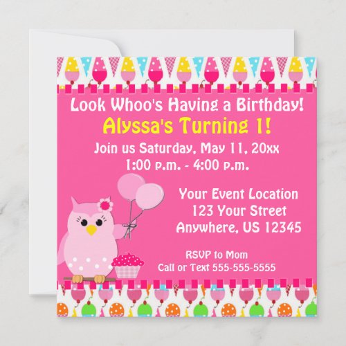 Pink Owl Birthday Invitation
