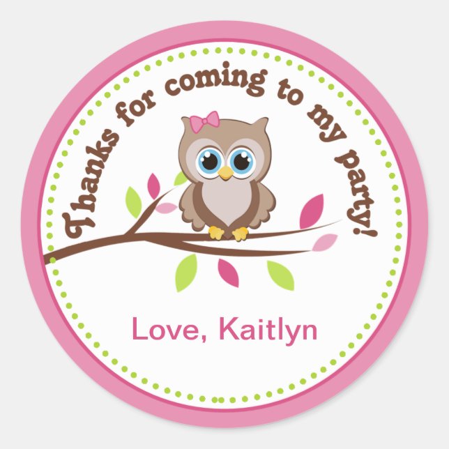 Pink Owl Birthday Party Favor Stickers (Front)