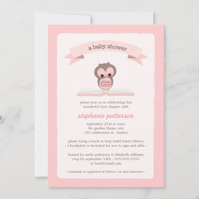 Pink Owl Bring a Book Baby Shower Invitation (Front)