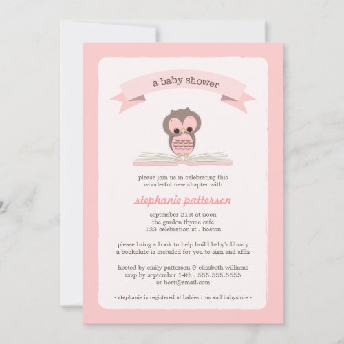 Pink Owl Bring a Book Baby Shower Invitation