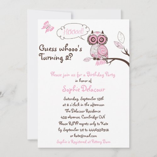Pink Owl &amp; Butterfly Floral Birthday Invitation