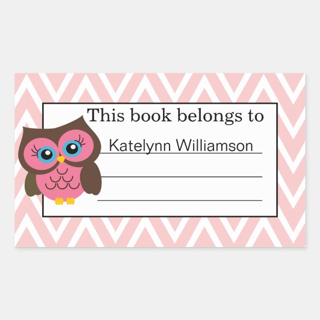 Pink Owl & Chevron Custom Personalized Bookplate (Front)