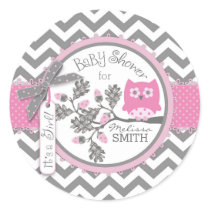 Pink Owl Chevron Print Baby Shower Classic Round Sticker