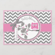 Pink Owl Chevron Print Baby Shower Invitation