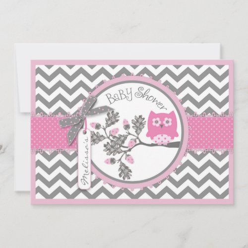 Pink Owl Chevron Print Baby Shower Invitation