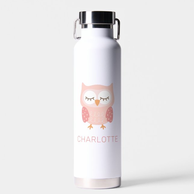 Pink Owl, cute whimsical customized girls Water Bottle (Front)