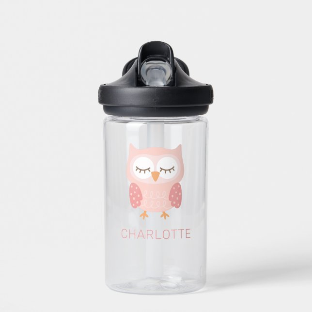 'Pink Owl', cute & whimsical customized girls Water Bottle (Front)