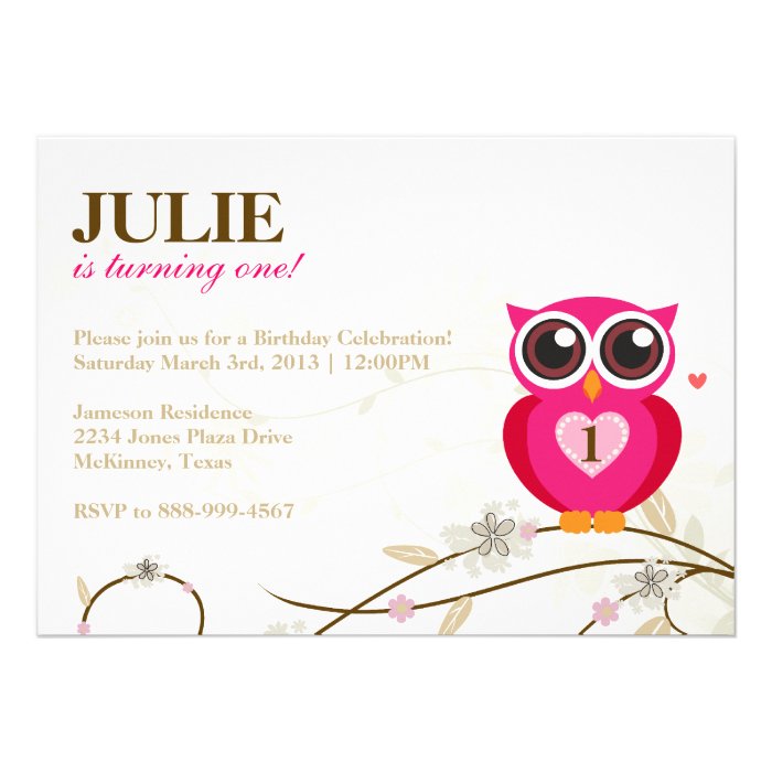 Pink Owl First Birthday Party Invitation