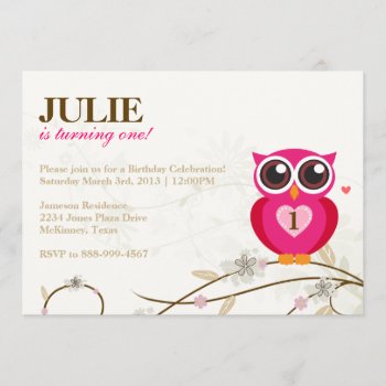 Pink Owl First Birthday Party Invitation by paper_robot at Zazzle